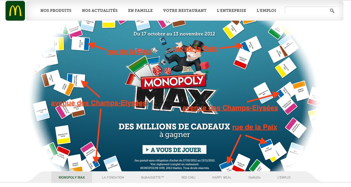 2012年麦当劳法国公司 Monopoly MAX 促销网页，显示游戏卡片的误导性分布，其中包含多枚“Rue de la Paix”与“Avenue des Champs-Élysées”游戏印花